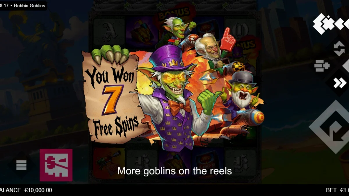 Tampilan layar utama slot Robbin’ Goblins dengan para goblin nakal dan ledakan di latar belakang.